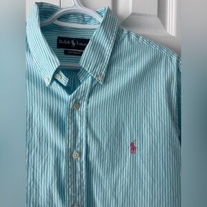 Polo Ralph Lauren Teal & White Stripes Button-Down Custom Fit L Pink Pony Logo